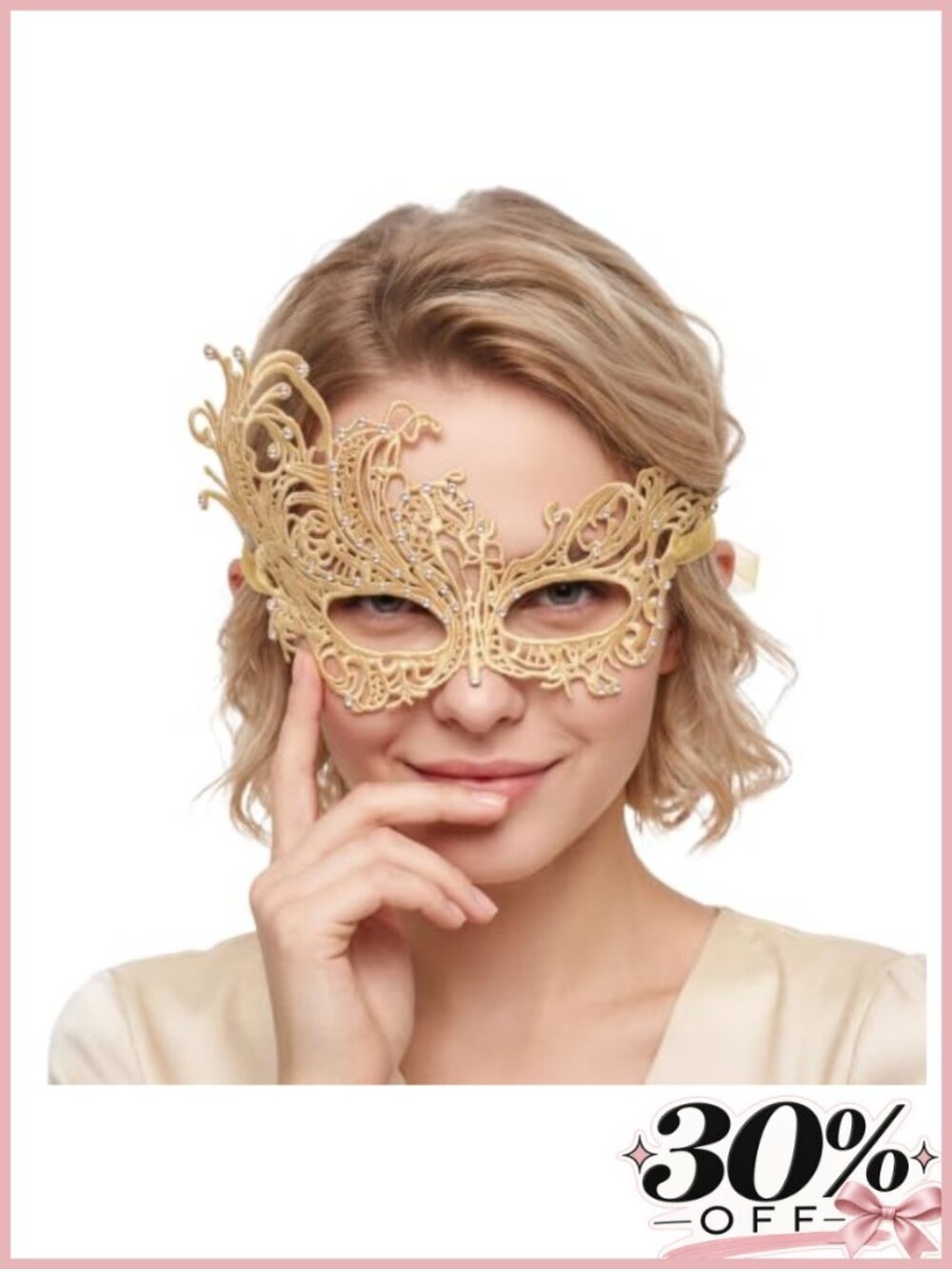 Lace Masquerade Mask Women Venetian Rhinestone Double Ribbon Halloween Party